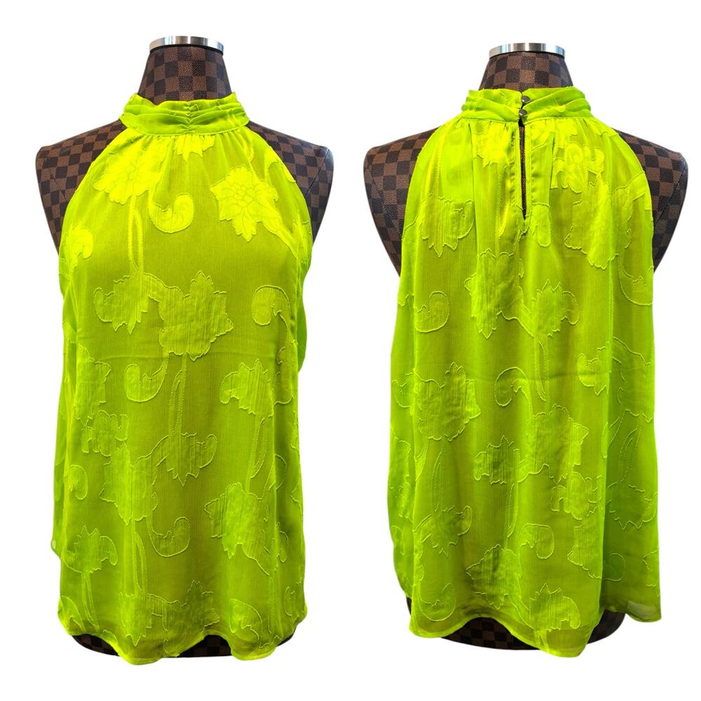 Cato Lime Green Sleeveless Blouse Floral Chiffon High Neck Size Large Resort NWT